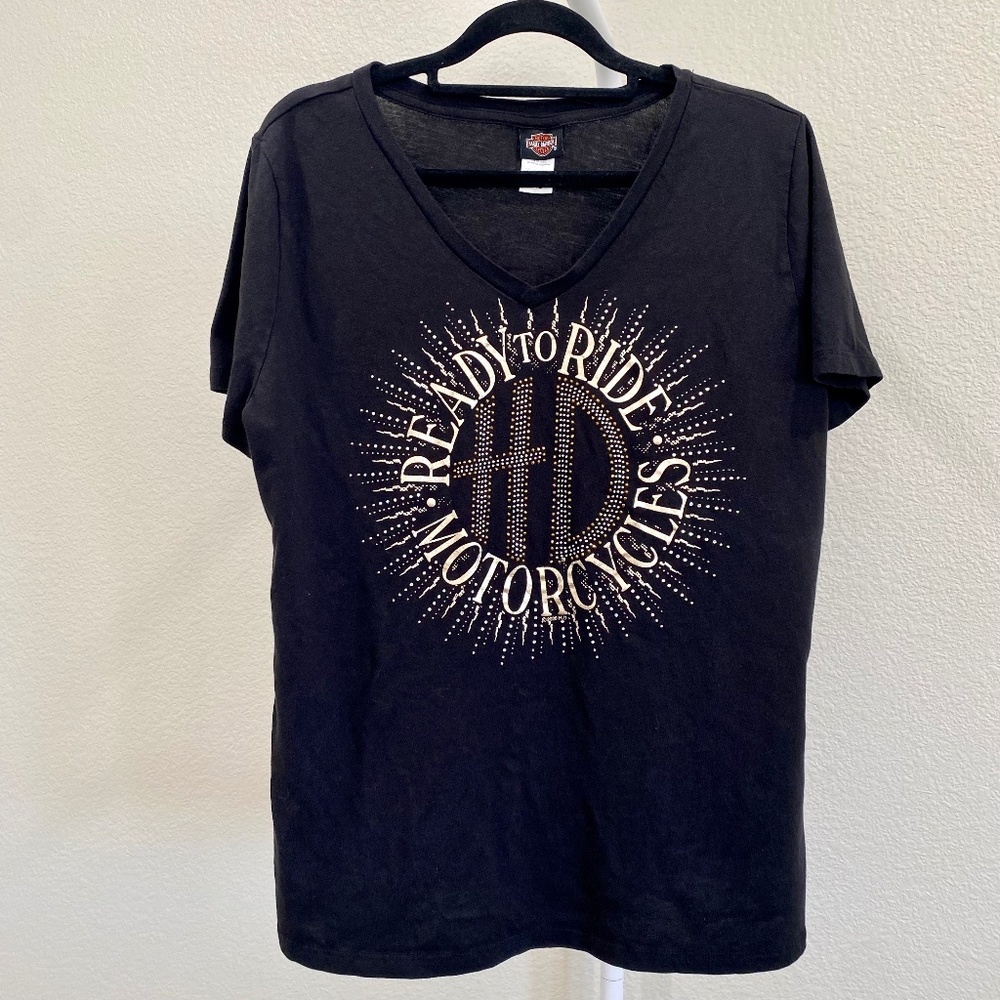 Harley Davidson Womenʻs V-Neck Black "Ready to Ride Motorcycles" T-shirt XL